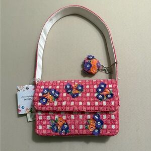India Beaded Bag Pink White Checkered Print Purple Orange Flowers & Floral Charm